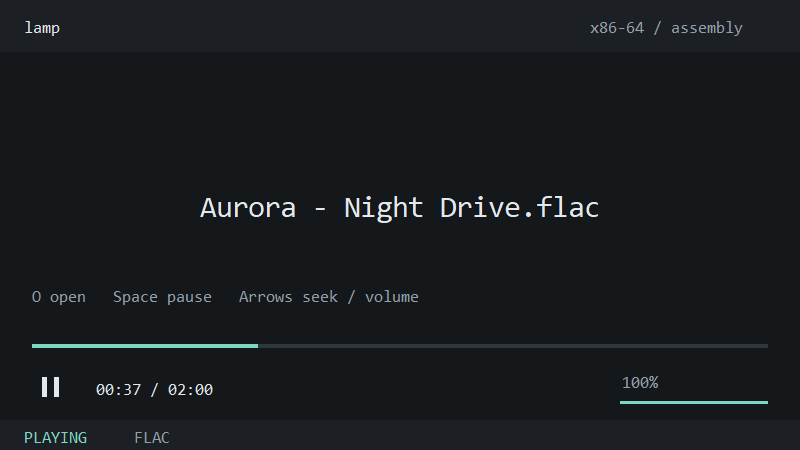 LAMP's dark playback canvas with a track title, seek bar, pause control and volume